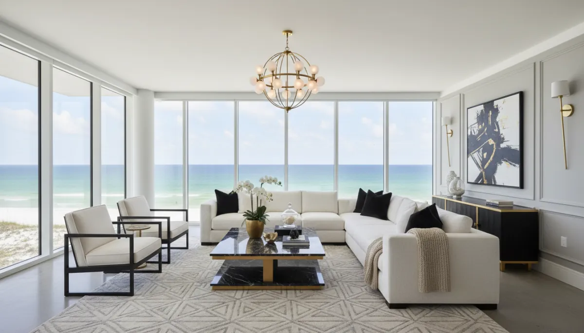 Elegant coastal living room with Gulf views staged for a luxury listing