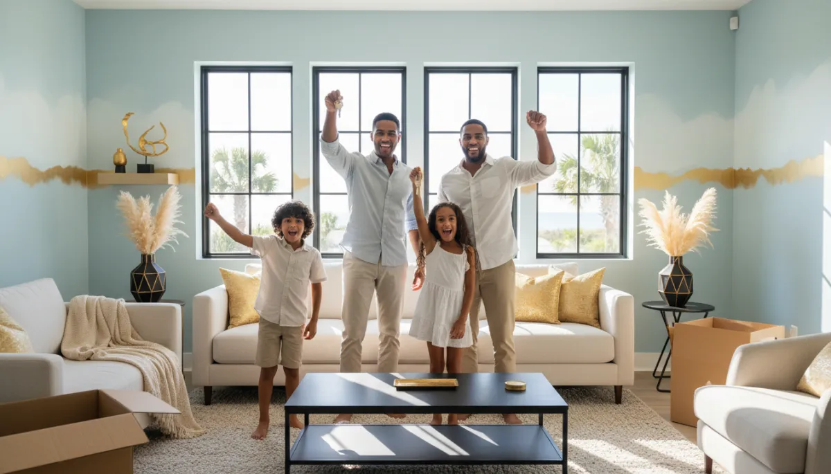 Happy NW Florida family celebrating receiving keys in their new home