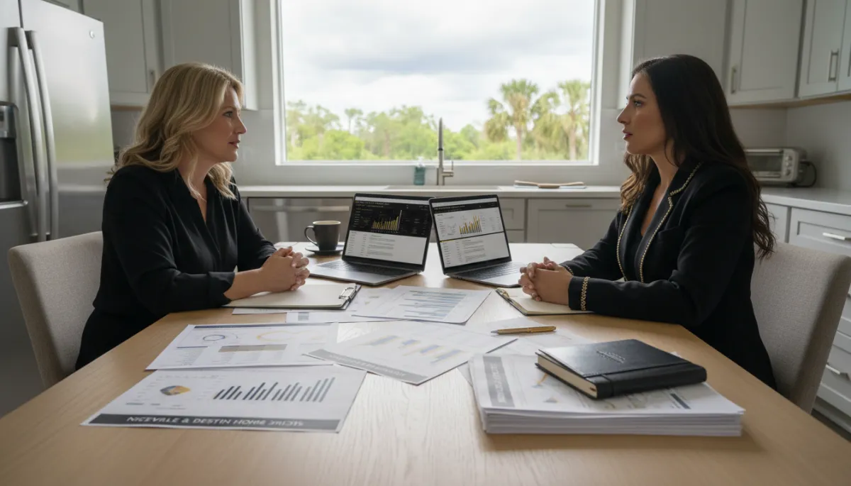 Real estate agent reviewing NW Florida market data with homeowners