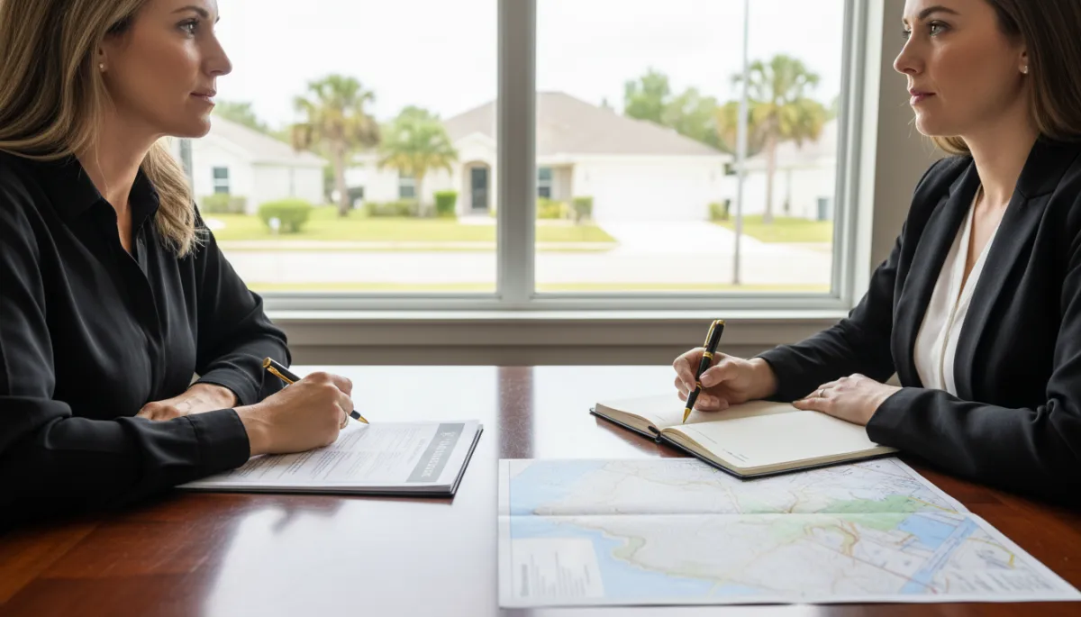 Homebuyers reviewing Florida home and flood insurance documents with a professional