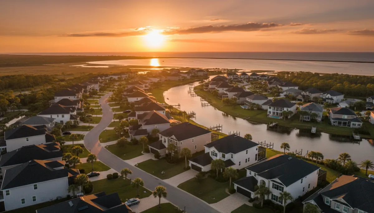 Aerial view of a NW Florida coastal neighborhood of larger homes at sunset