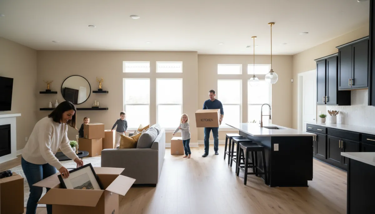 Family unpacking boxes in a spacious NW Florida move-up home with warm lighting and gold accents