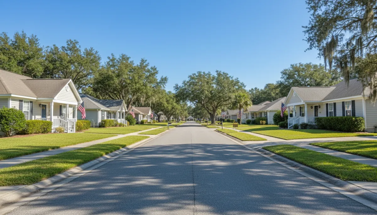 Residential neighborhood street near Eglin AFB with single-family homes and American flags