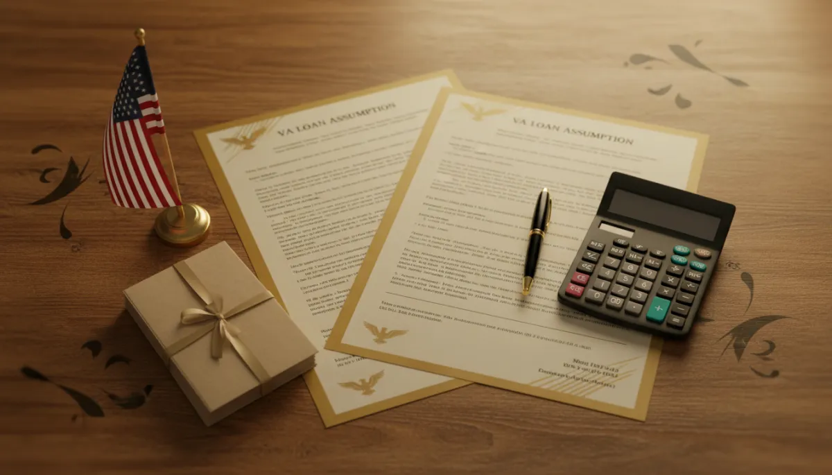 VA loan assumption paperwork with calculator and American flag on a desk