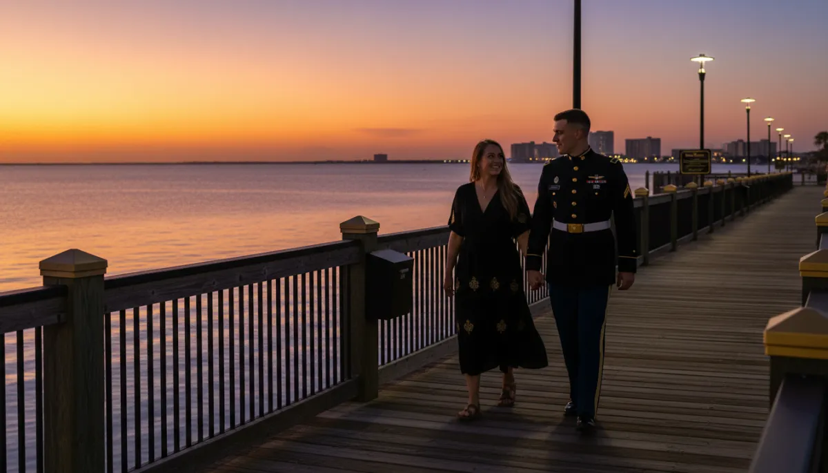 Military couple enjoying the waterfront in Fort Walton Beach Florida