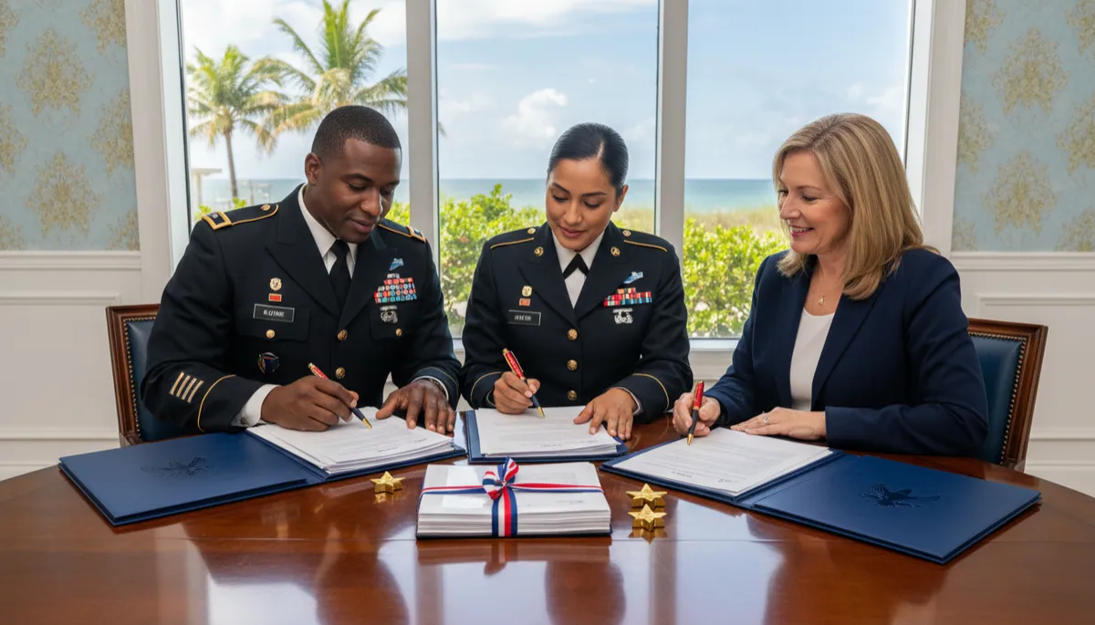 Military couple reviewing VA loan assumption paperwork with a real estate agent