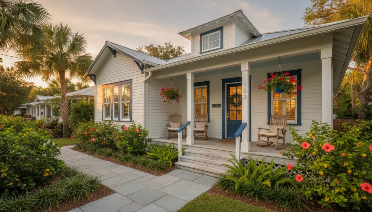 Charming Florida home exterior with lush landscaping and welcoming front porch