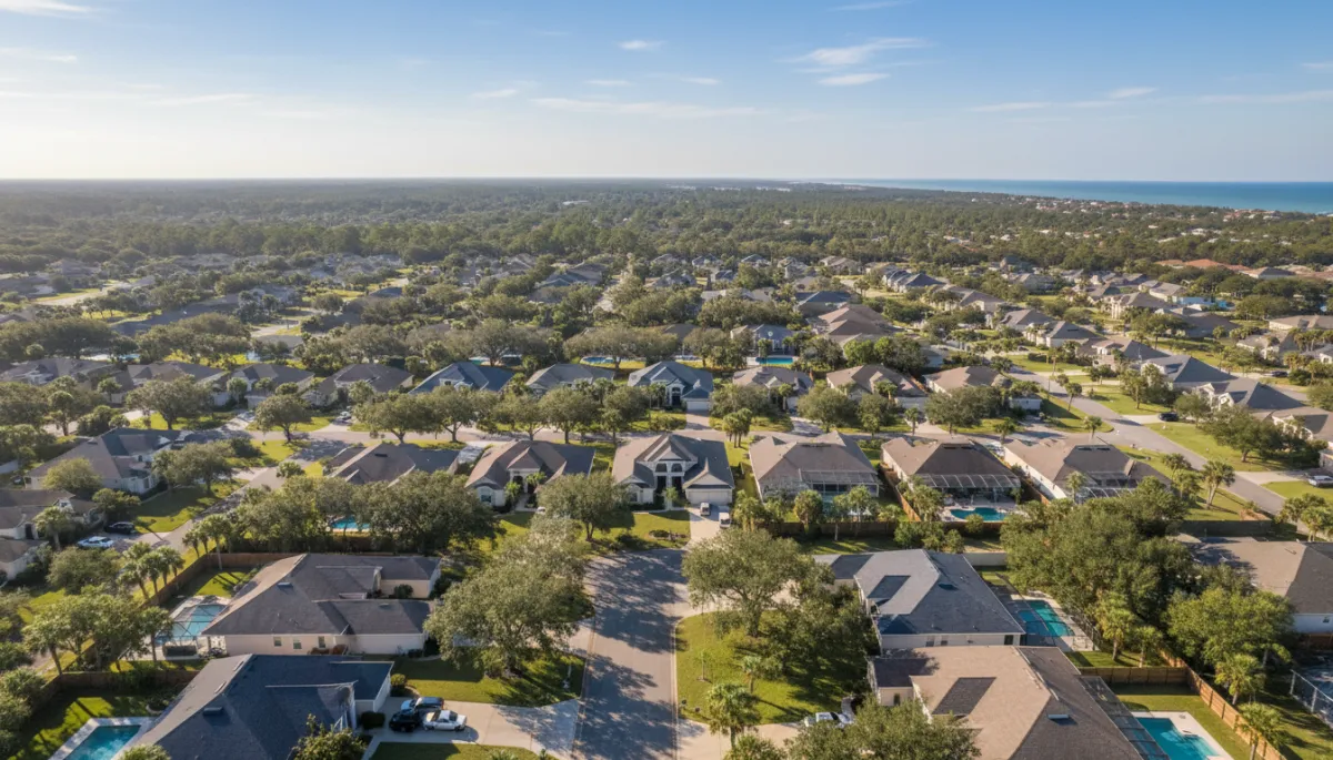 Aerial view of a peaceful suburban neighborhood in Northwest Florida