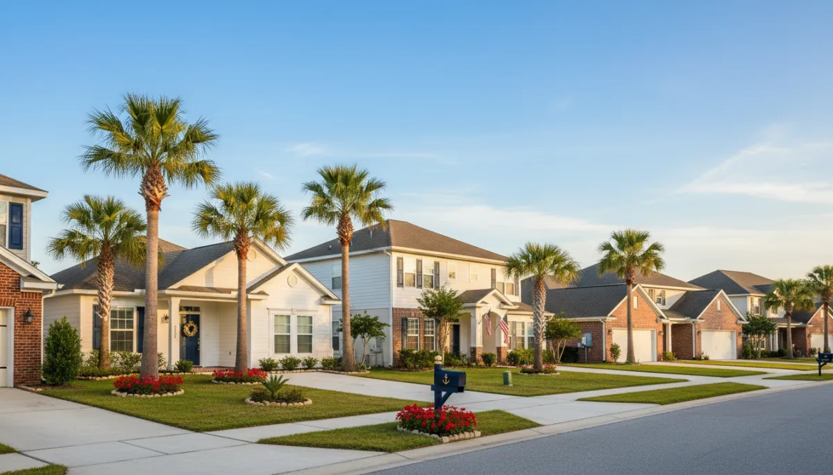 Suburban neighborhood street in NW Florida with palm trees and single-family homes