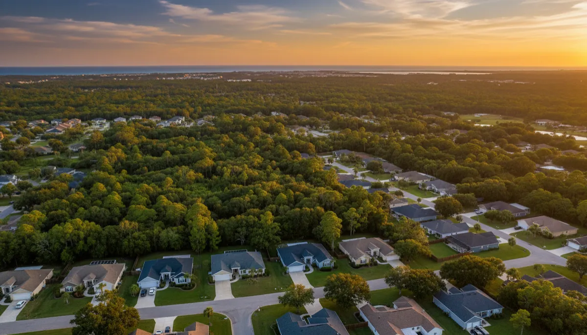Aerial view of a tree-lined Emerald Coast neighborhood at sunset