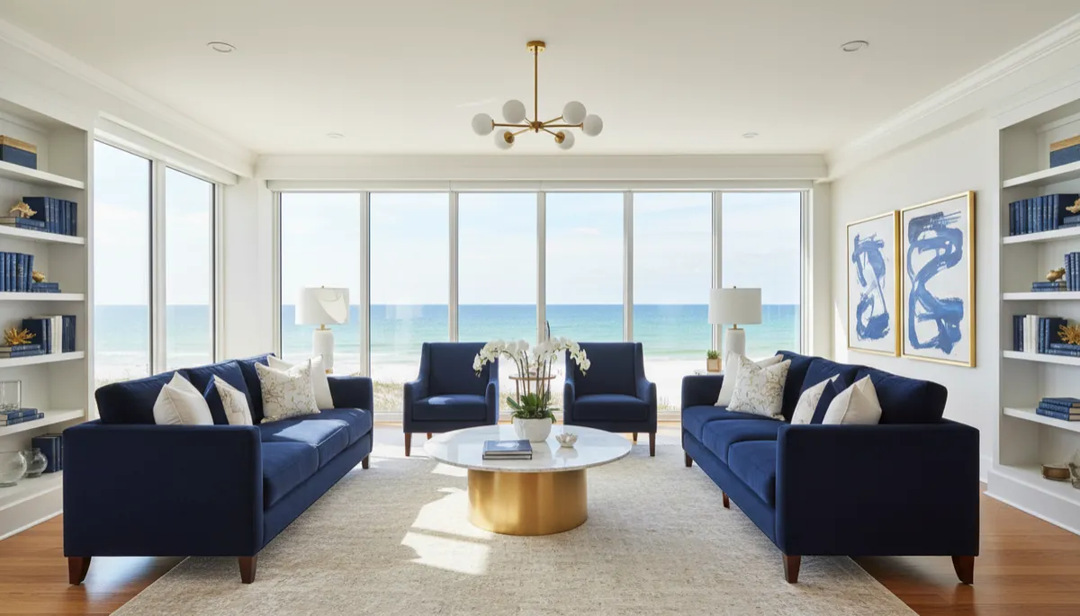 Elegant staged coastal living room with Gulf views and navy blue accents