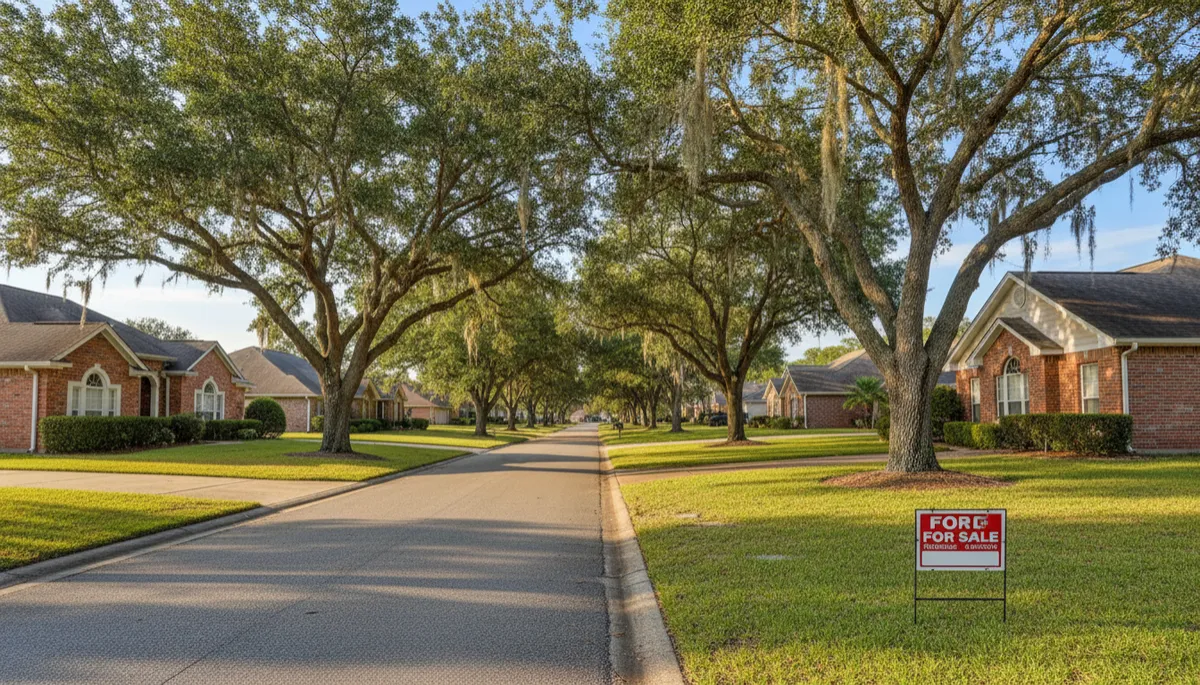 Niceville FL neighborhood street with mature trees and a home for sale