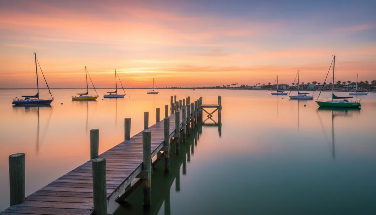 Fort Walton Beach waterfront with pier and sailboats at sunset