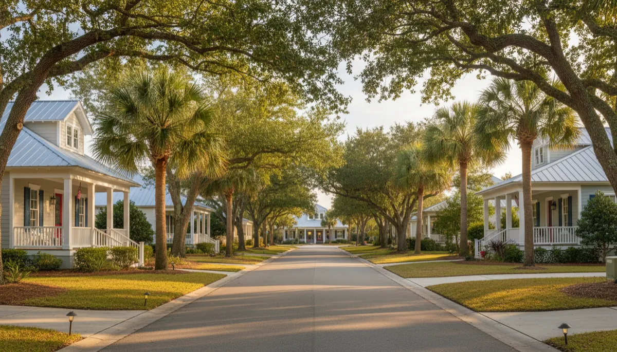 photorealistic fall afternoon on a NW Florida neighborhood street with Florida-style homes, lush green trees touched by warm golden light, subtle navy blue and patriotic red accents on doors and shutters, gold tones in landscaping lighting, no people or faces