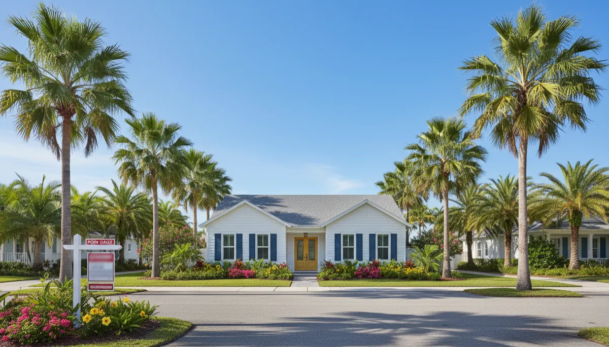 Charming coastal-style home on a palm-lined Florida street with a for sale sign