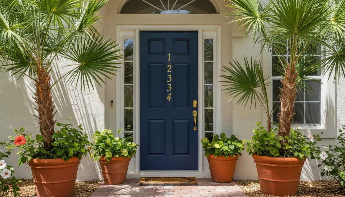 Welcoming front door of a Gulf-coast style Florida home with lush landscaping