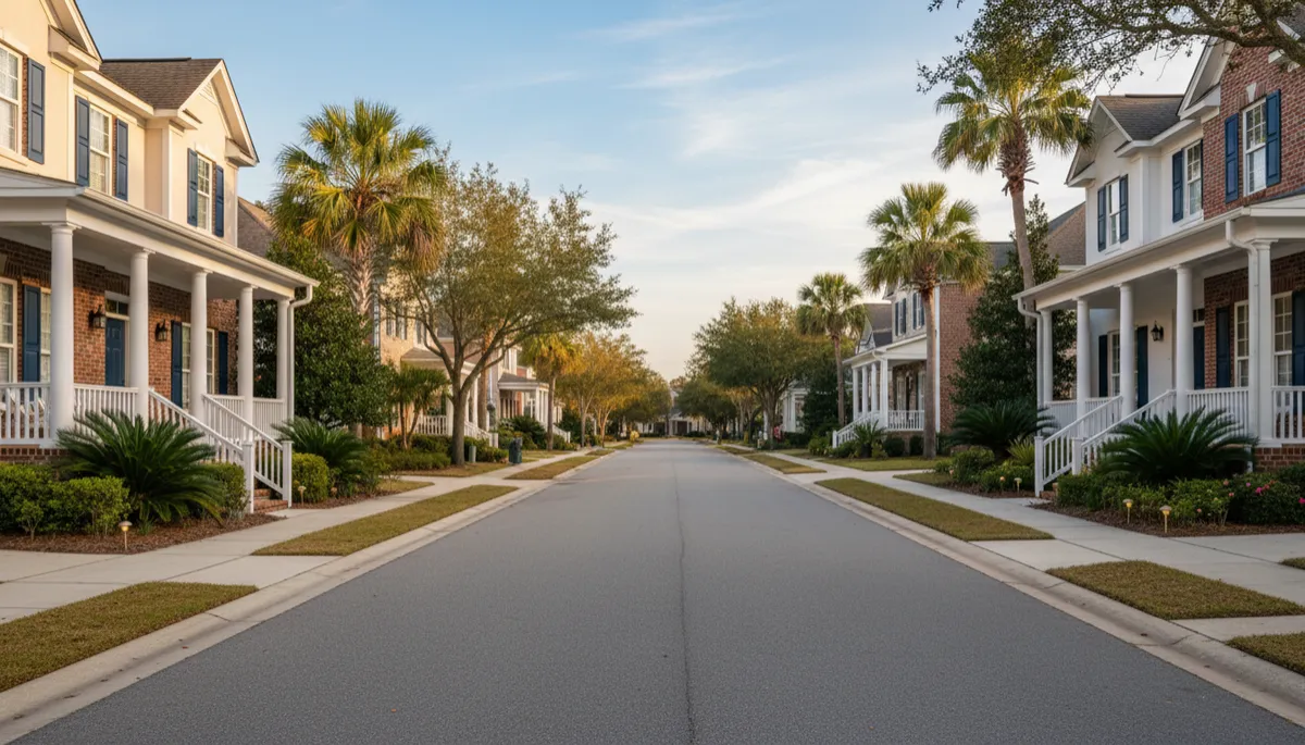 Quiet Emerald Coast neighborhood street with Florida-style homes and palm trees