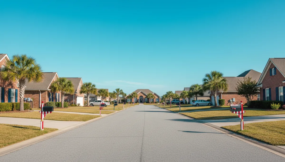 Sunny residential street in a Northwest Florida neighborhood with palm trees and well-kept homes