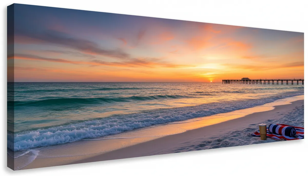 Panoramic view of a quiet Emerald Coast beach with turquoise water and white sand at sunset