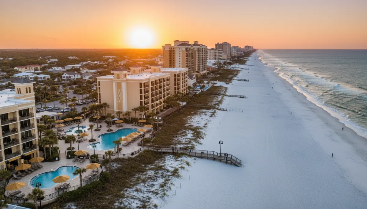 photorealistic aerial view of a Northwest Florida coastal community at sunset, featuring beachfront condos, resort-style pool, boardwalk to white sand beach, and palm-lined streets; subtle accents of gold #d4ac37 in pool umbrellas and building trim, black metal railings and light fixtures;
