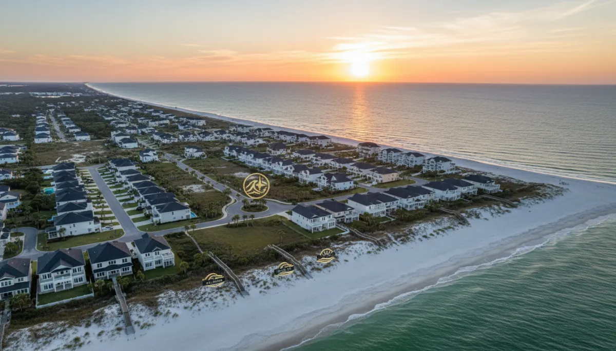 photorealistic aerial view of a Northwest Florida coastal community at sunset, emerald water, white-sand beaches, neatly planned neighborhoods with homes featuring black roofs and warm white exteriors, subtle gold #d4ac37 and black accents on beach walkways and signage, clear sky with soft clouds