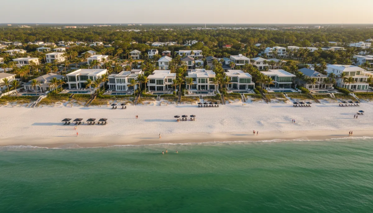 photorealistic wide aerial view of Northwest Florida Emerald Coast at golden hour, white sand beaches, emerald water, upscale coastal neighborhood with modern homes and palm trees, subtle gold #d4ac37 and black accents in beach umbrellas and outdoor furniture, relaxed families walking along shore, clear sky