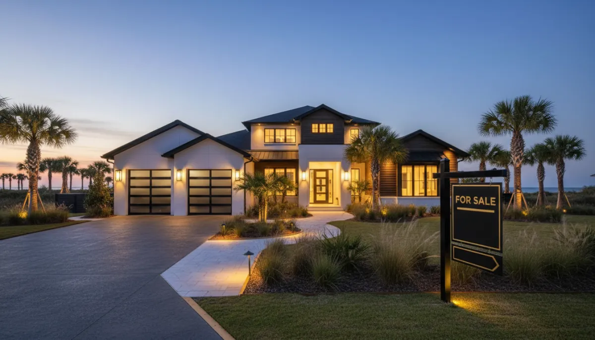 photorealistic twilight exterior of a luxury Northwest Florida coastal home with warm interior lights, manicured native landscaping, subtle gold #d4ac37 accents on signage and lighting, black trim and details, professional real estate 'For Sale' sign in front yard