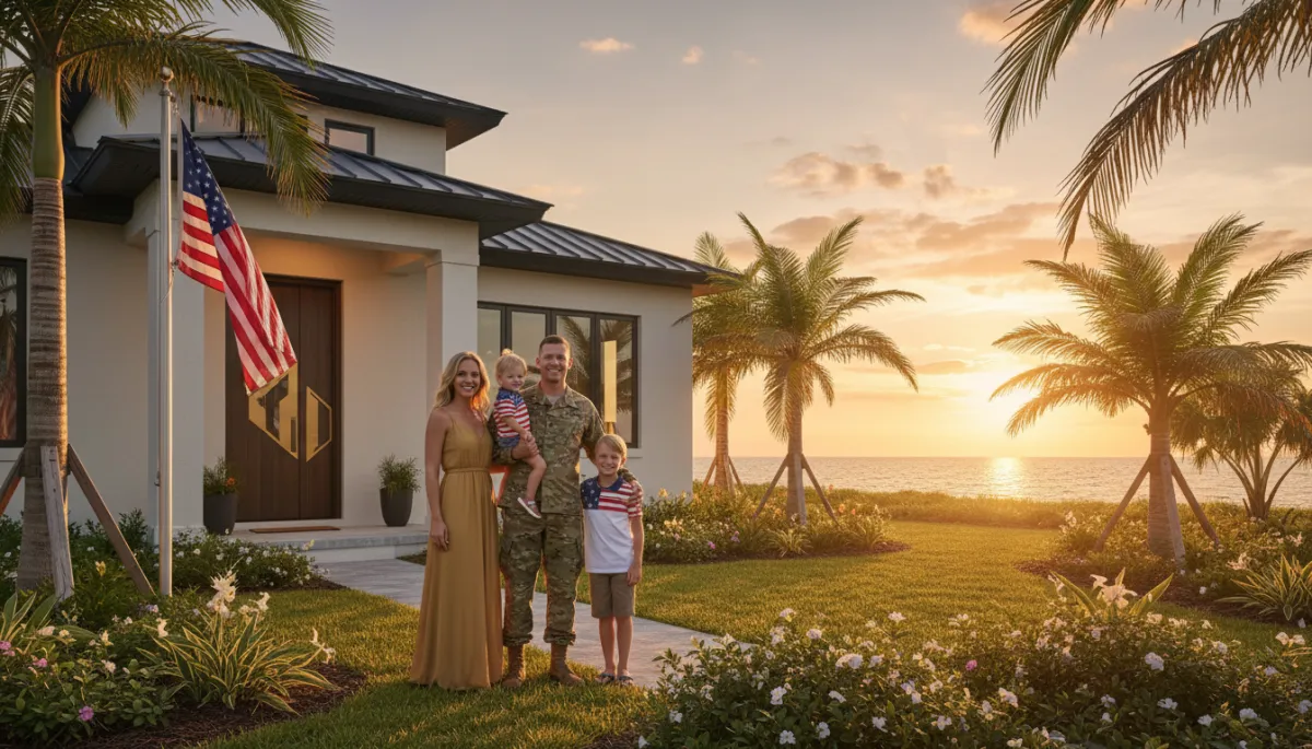 photorealistic military family standing in front of a modern coastal Florida home at sunset, subtle gold #d4ac37 and black accents on the front door and trim, American flag on porch, palm trees and Gulf-style landscaping, warm welcoming atmosphere