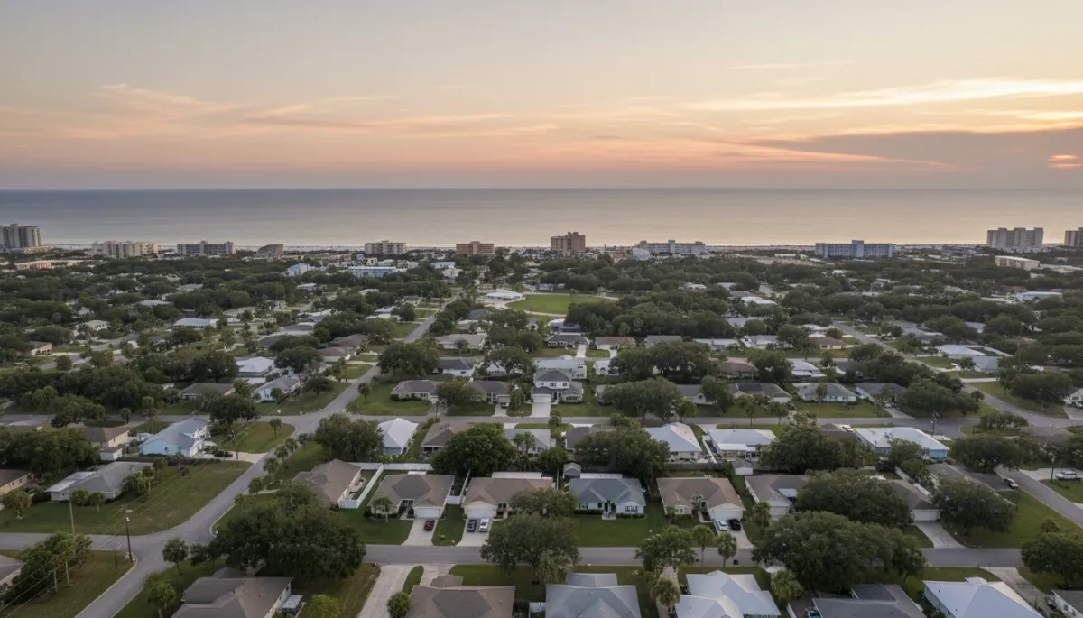 photorealistic aerial view of a quiet Fort Walton Beach neighborhood with tree-lined streets, single-family homes, and the Gulf of Mexico in the distance under a soft neutral sunset sky