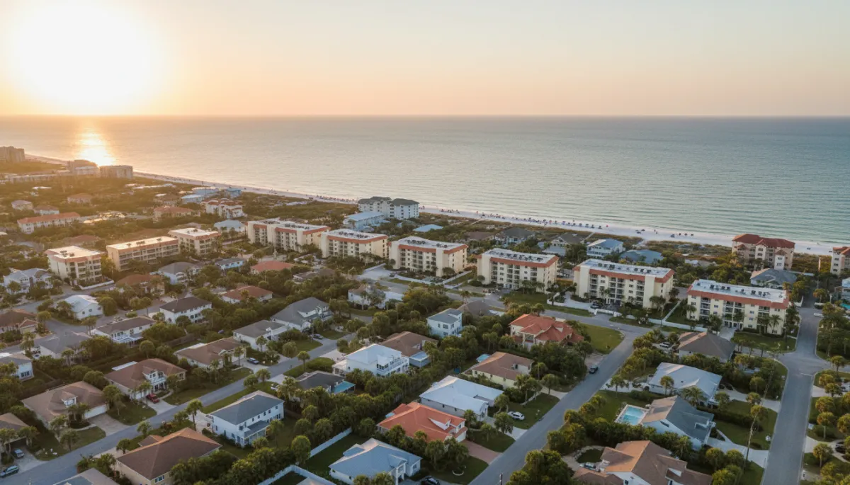 photorealistic aerial view of a coastal Fort Walton Beach neighborhood at sunset, mix of single-family homes and low-rise condos, calm Gulf waters in background, soft neutral color palette