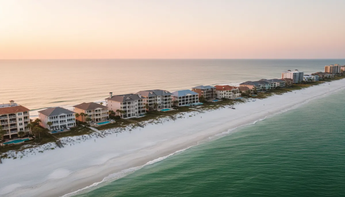 photorealistic aerial view of upscale coastal homes and low-rise condos along a white-sand beach in Fort Walton Beach at sunset, calm emerald water, neutral color palette, subtle warm lighting