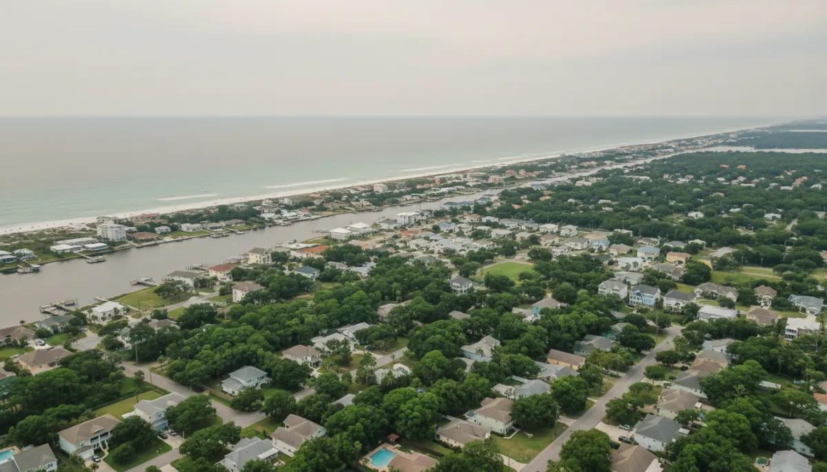 photorealistic aerial view of Fort Walton Beach FL showing tree-lined neighborhoods near the bay, low-rise homes, and the Gulf of Mexico in the distance under soft neutral coastal light
