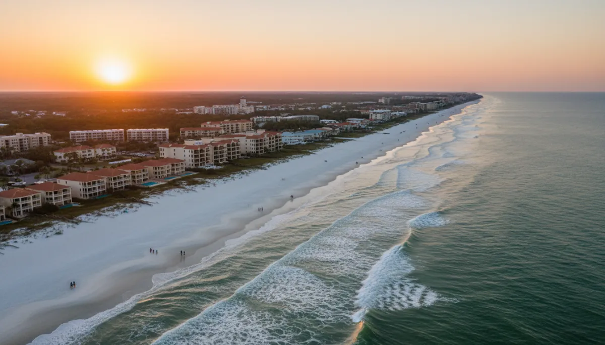 photorealistic aerial view of Fort Walton Beach shoreline at sunset, soft neutral tones, white-sand beach, emerald-green Gulf water, neatly kept coastal homes and condos, calm waves, families walking along the shore