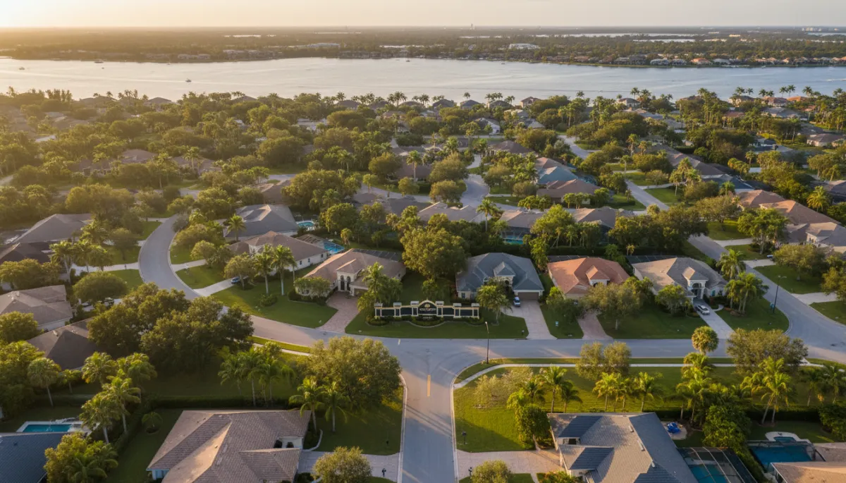 photorealistic aerial view of a Florida suburban neighborhood in warm evening light, tree-lined streets, single-family homes with tidy yards, distant bay waters shimmering, subtle gold #d4ac37 and black accents in neighborhood signage and roofs