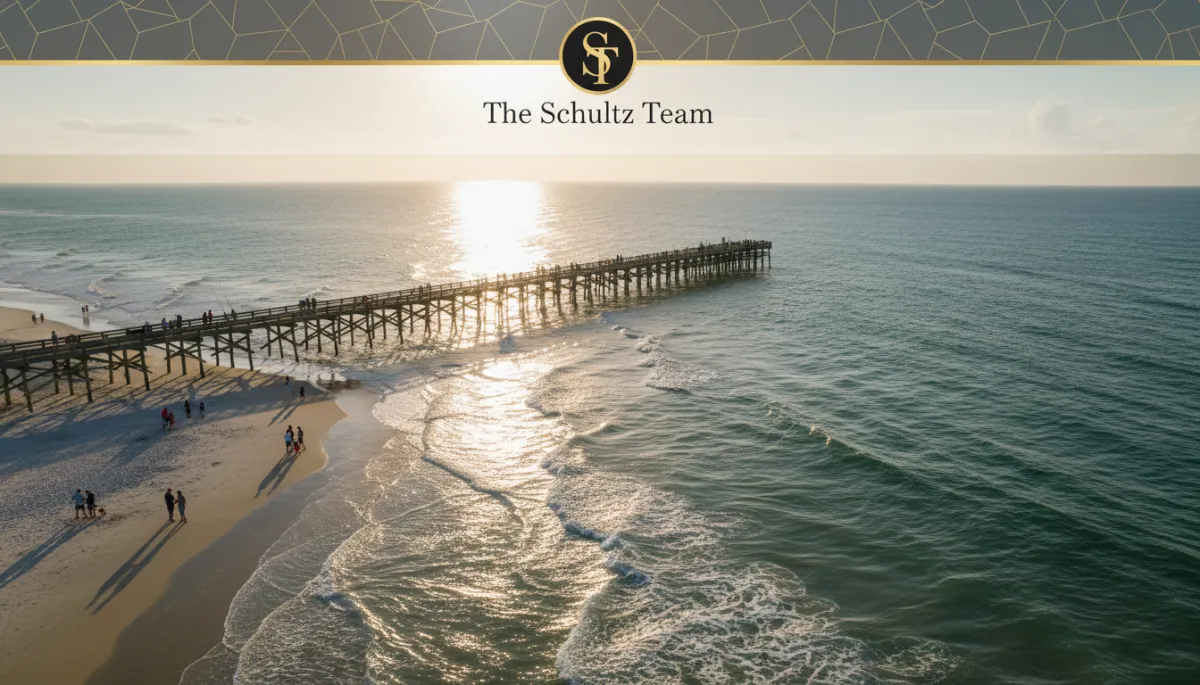 photorealistic golden-hour aerial of Navarre Beach pier stretching into emerald-green Gulf waters, subtle gold #d4ac37 and black branding accents on a semi-transparent overlay banner with The Schultz Team logo, families strolling the beach and anglers on the pier, soft warm lighting