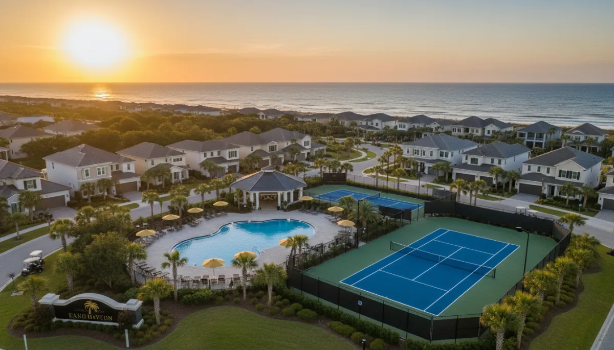 photorealistic aerial view of a Northwest Florida coastal neighborhood at sunset, with well-maintained homes, community pool, and tennis courts; subtle gold (#d4ac37) and black accents on signage and pool furniture; modern clean style