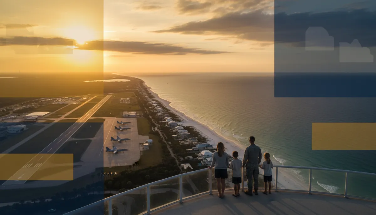 photorealistic aerial sunset view of Eglin AFB area and Emerald Coast shoreline with warm gold (#d4ac37) and navy accents, military family silhouettes on a balcony overlooking the water, subtle text overlay panels in gold and navy