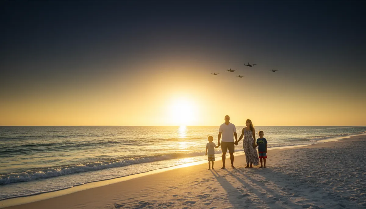 photorealistic sunset view of a military family standing on a white-sand Emerald Coast beach, parents and two kids holding hands, subtle warm gold #d4ac37 glow on the horizon, navy-blue sky and Gulf waters, faint outline of Hurlburt Field aircraft in the distant sky