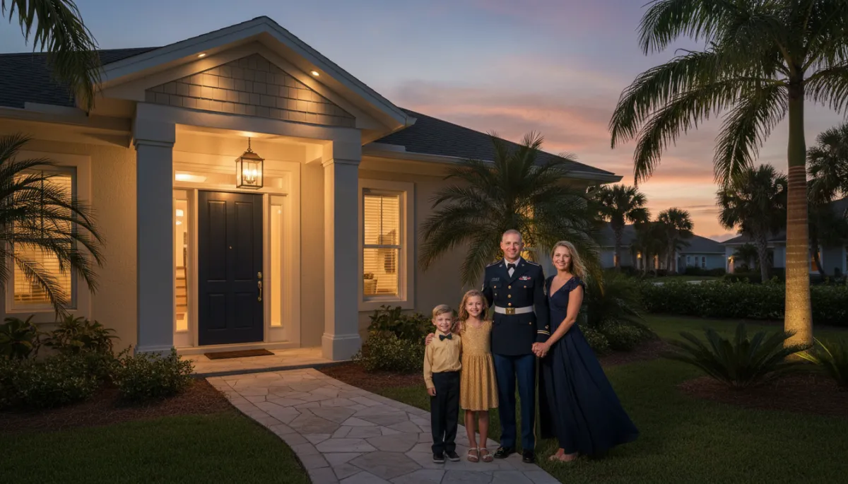 photorealistic twilight exterior of a welcoming single-family home near Florida's Emerald Coast, subtle gold #d4ac37 accents in porch lighting and front door hardware, family with military member in uniform standing together on the front walkway, deep navy evening sky and soft neighborhood lighting
