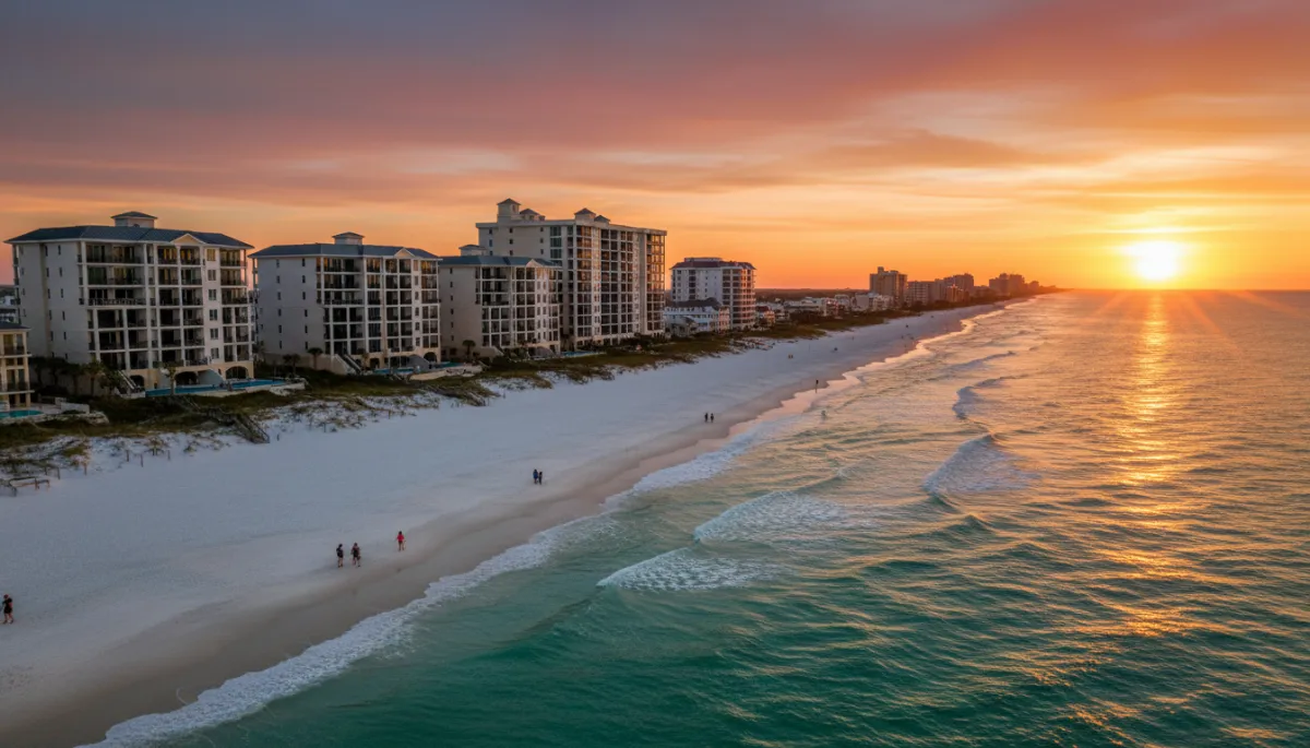 photorealistic aerial sunset view of Miramar Beach shoreline with turquoise Gulf waters, luxury beachfront condos and homes accented with gold #d4ac37 details and black railings, families walking along the sugar white sand, warm colorful sky