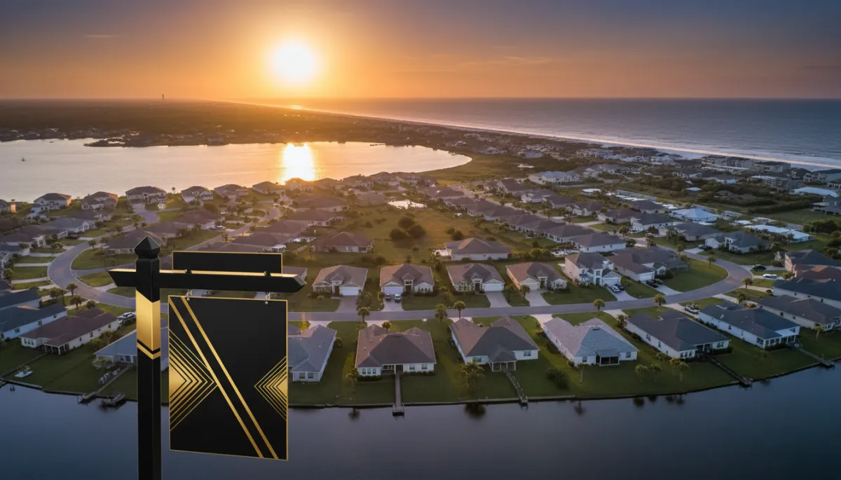 photorealistic aerial sunset view of Northwest Florida coastal neighborhood with single-family homes, calm bay water, and distant Gulf shoreline; subtle gold #d4ac37 and black accents on a modern real estate sign in the foreground