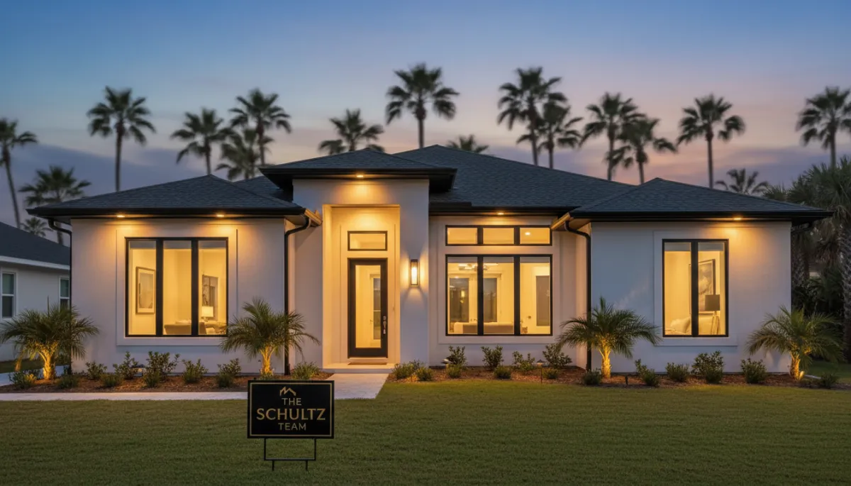 photorealistic twilight exterior of a stylish NW Florida coastal home with warm interior lights, subtle gold #d4ac37 accents in landscaping lights and front door hardware, black trim details, The Schultz Team yard sign in front, soft focus background of palm trees and Emerald Coast sky