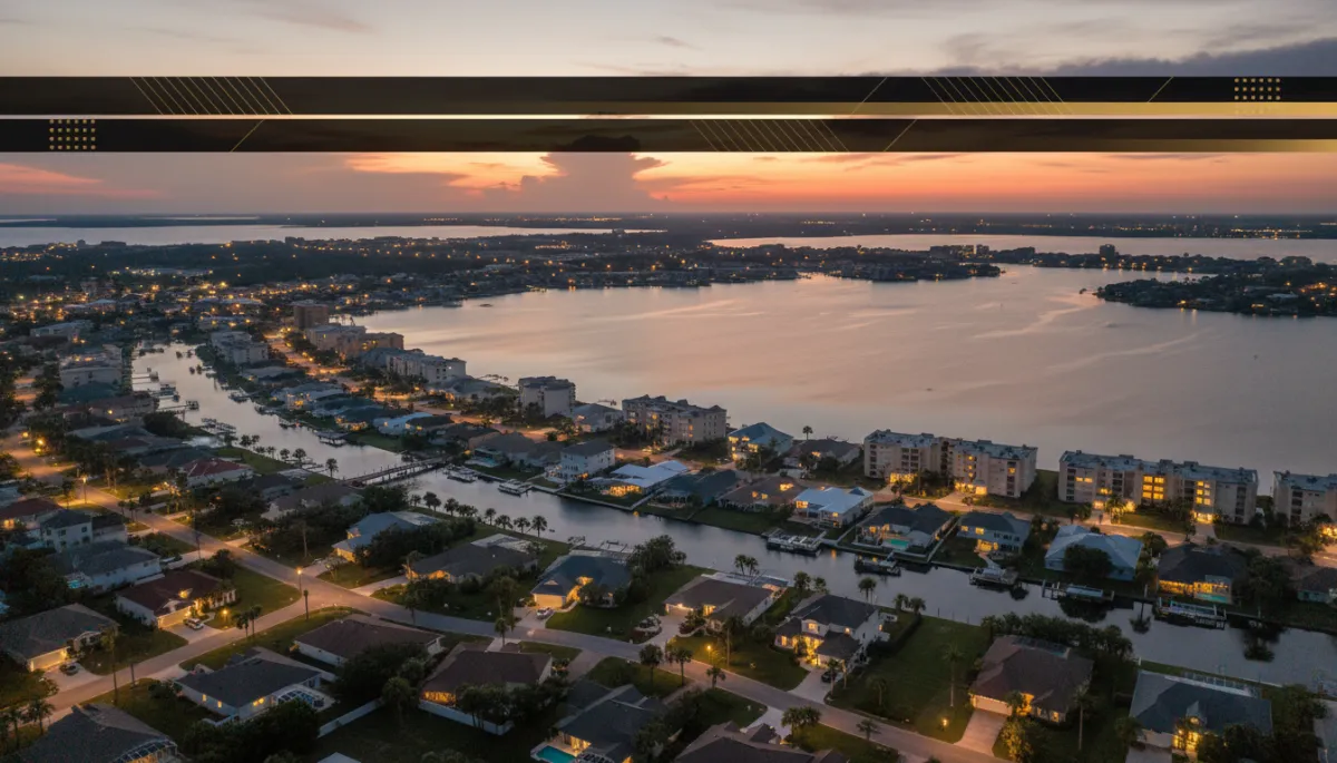 photorealistic aerial twilight view of a Northwest Florida coastal neighborhood with a mix of single-family homes and low-rise condos, warm house lights on, subtle reflections on the bay, branded accents in gold #d4ac37 and black on a modern title overlay banner