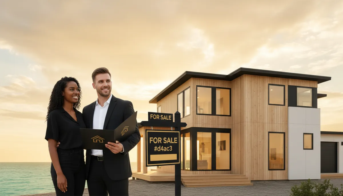 photorealistic wide shot of a young diverse couple standing with a local real estate agent in front of a modern Northwest Florida home near the Emerald Coast, warm sunset light, subtle gold #d4ac37 accents on the for-sale sign and agent folder, black details in clothing and signage, clean professional look
