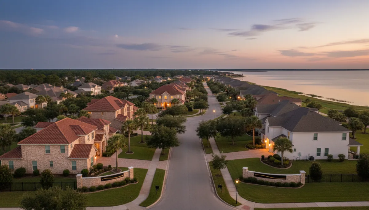 photorealistic twilight aerial of a Northwest Florida neighborhood near the bay, mix of brick and stucco homes with well-kept roofs, subtle gold #d4ac37 and black accents on signage and window frames, calm sky, soft warm lighting, clean upscale feel
