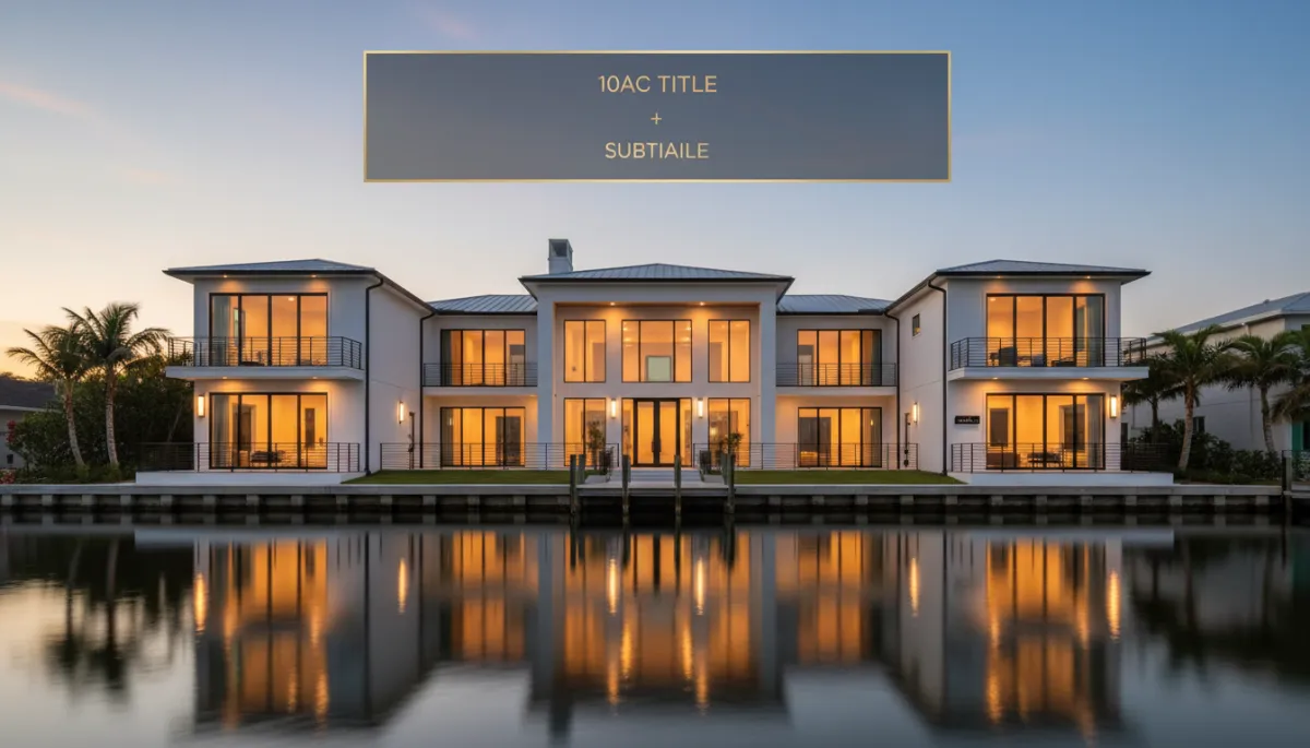 photorealistic twilight exterior of a modern coastal Florida home near the bay, warm interior lights on, subtle gold #d4ac37 accents on trim and signage, black metal railings and window frames, sky with soft sunset colors, overlaid with clean text area space for title and subtitle