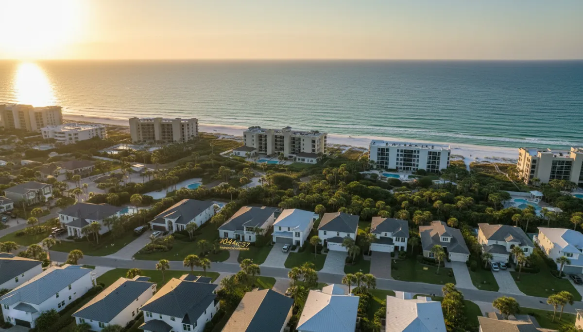 photorealistic aerial view of a coastal NW Florida neighborhood at sunset, mix of single-family homes and condos near emerald water and white sand, subtle gold #d4ac37 accents on yard signs and window trim, clean modern real estate marketing style