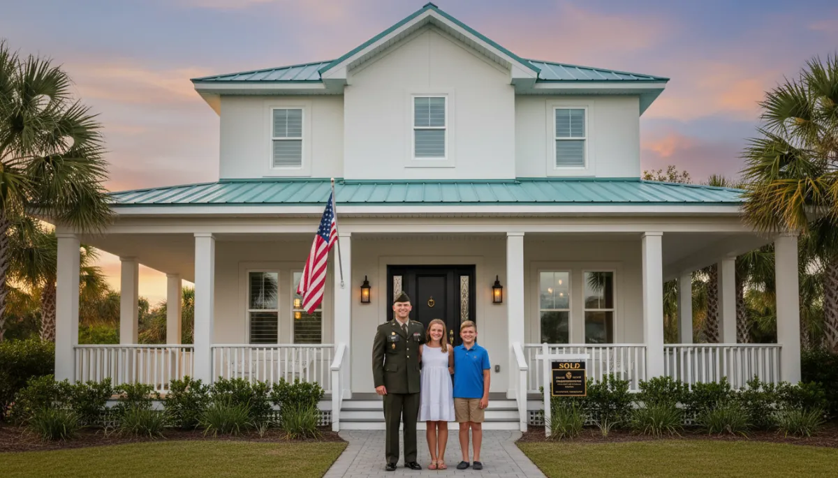 photorealistic military family in uniform and casual clothes standing in front of a coastal Florida style home in Niceville, subtle gold #d4ac37 accents on the front door hardware and real estate sign, warm evening light, American flag on the porch