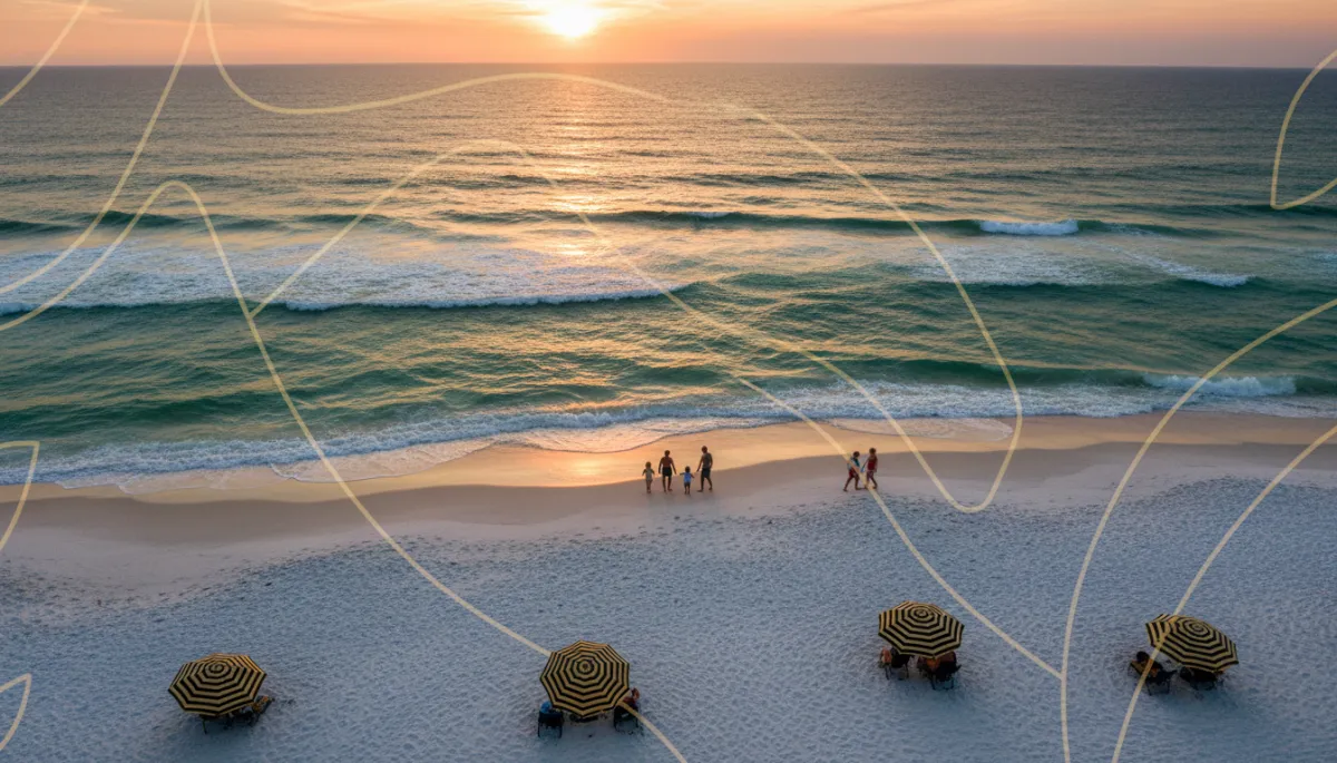 photorealistic aerial view of a NW Florida emerald coast beach at sunset with families walking the shoreline, gentle waves, and subtle gold #d4ac37 accents in beach umbrellas and typography overlay