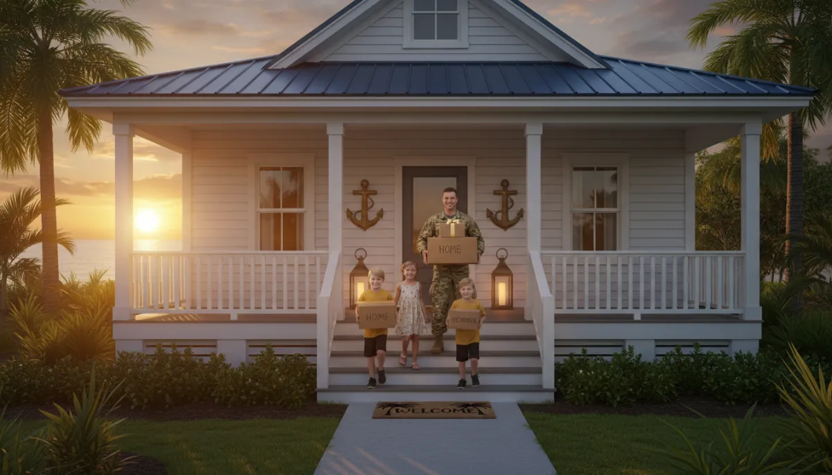 photorealistic scene of a smiling military family in OCP uniforms and casual clothes carrying moving boxes up the front steps of a coastal-style NW Florida home at sunset, subtle gold #d4ac37 accents on a welcome mat and porch decor, warm natural light